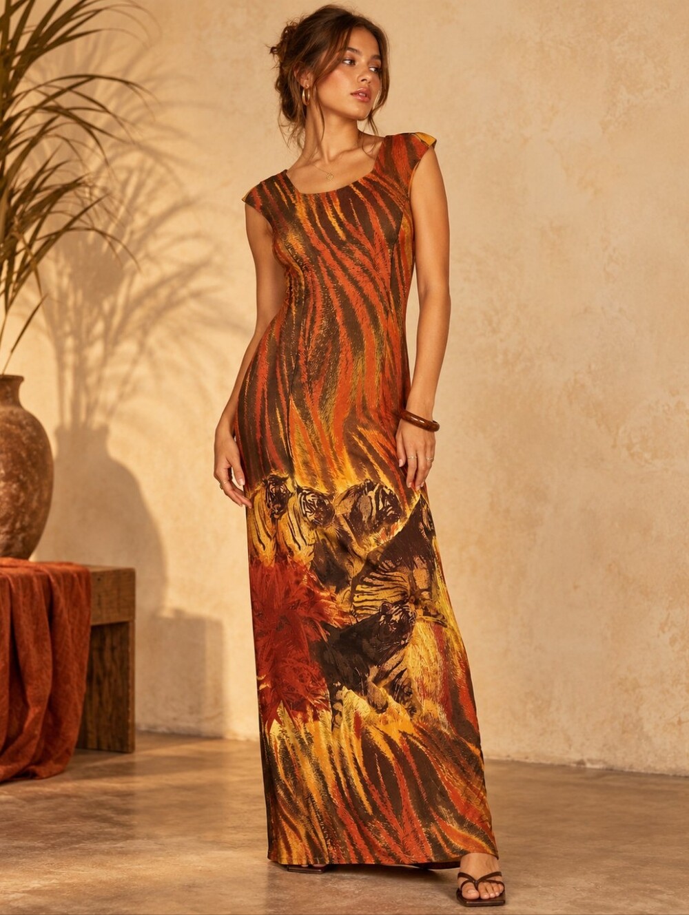 Vintage 90's Suzanne Tiger Maxi Dress Size 12 Sheath Cap Sleeves Y2K